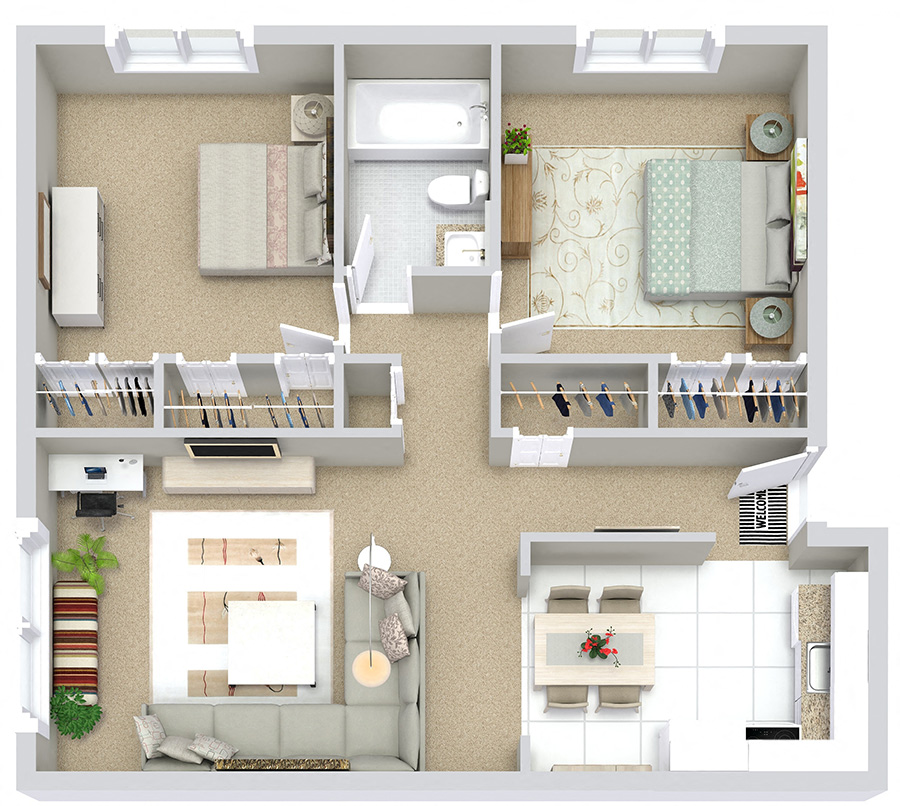 Floor plan for 2 beds, 1 bath, 820 sqft